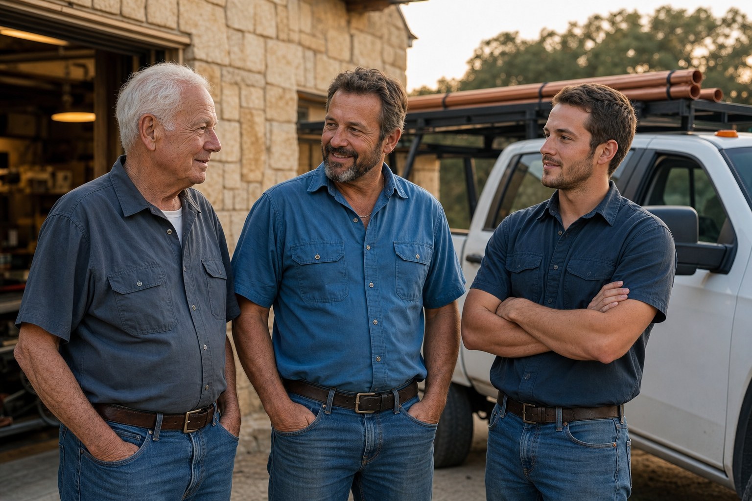 Three generations of a family plumbing team outside their workshop.