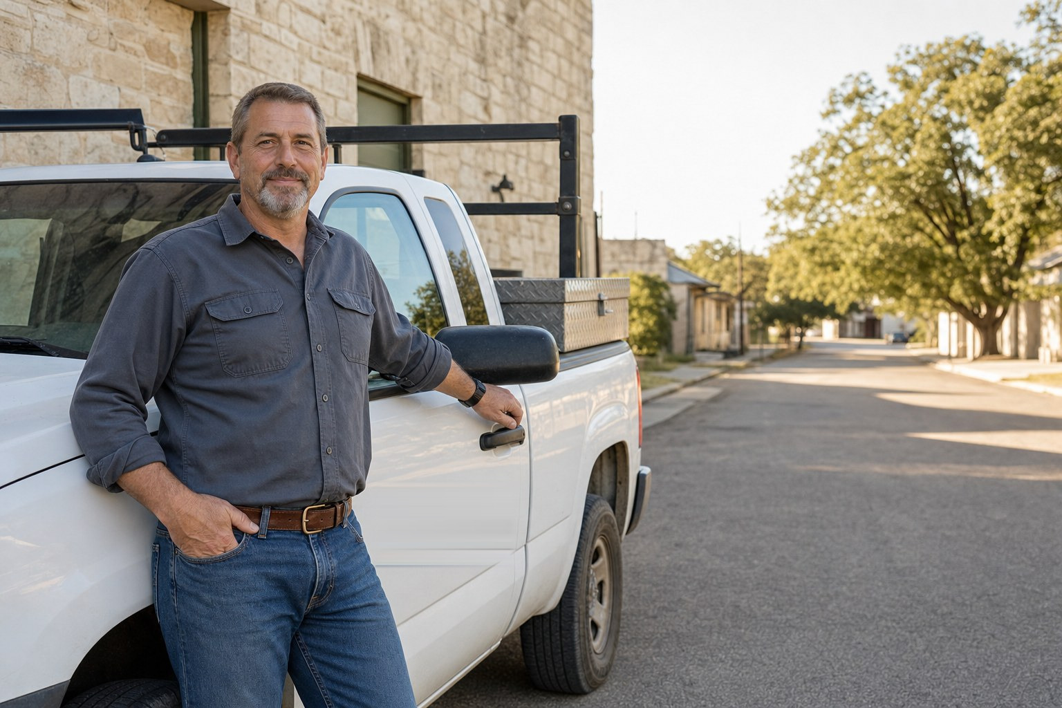 A plumber standing beside a white work truck outside a Hill Country limestone shop.