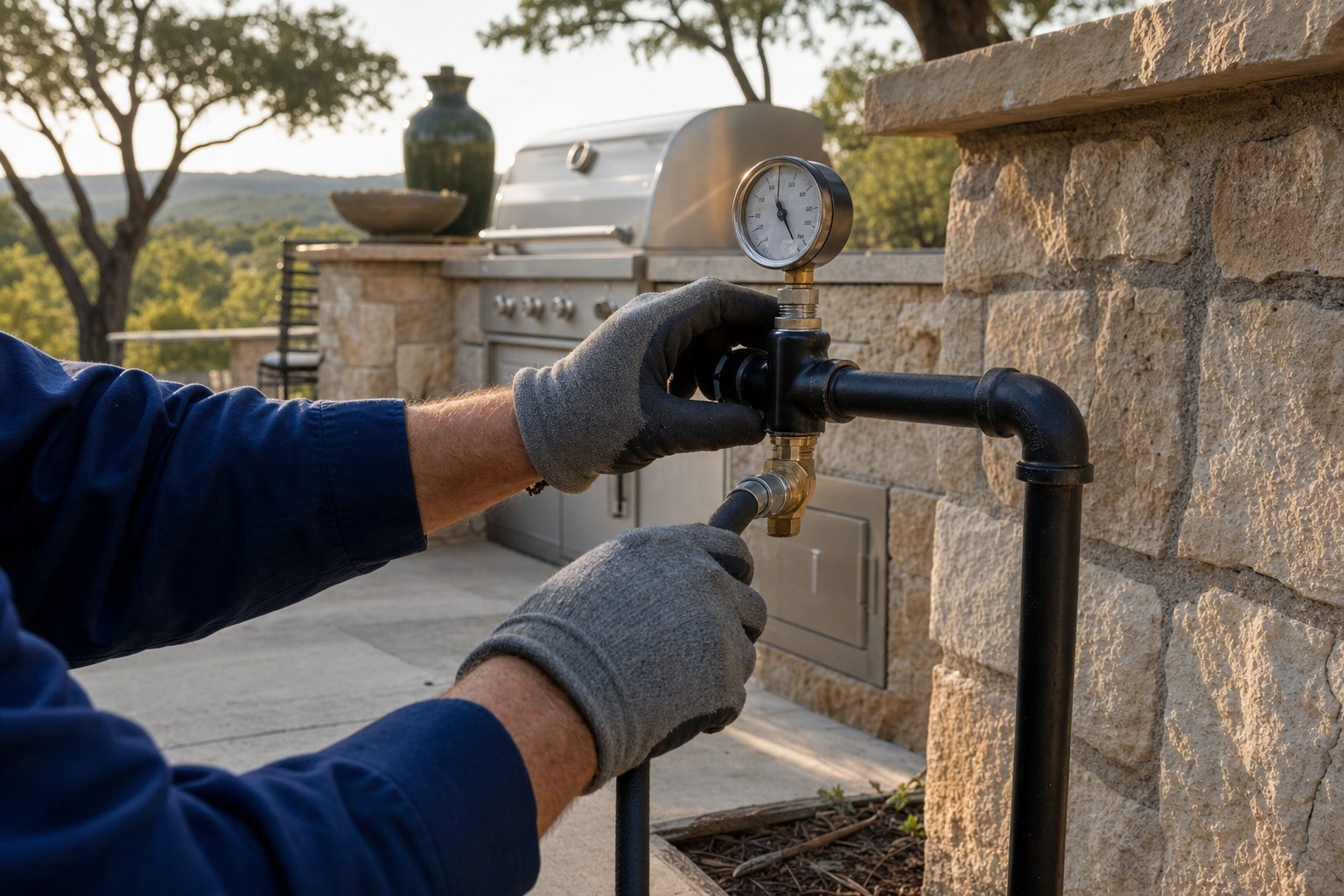 A plumber pressure-testing an outdoor kitchen gas line.