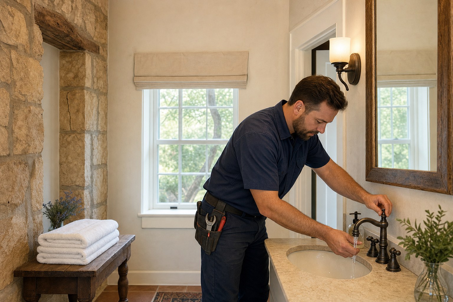 A plumber checking a bathroom faucet in a Hill Country guest house.