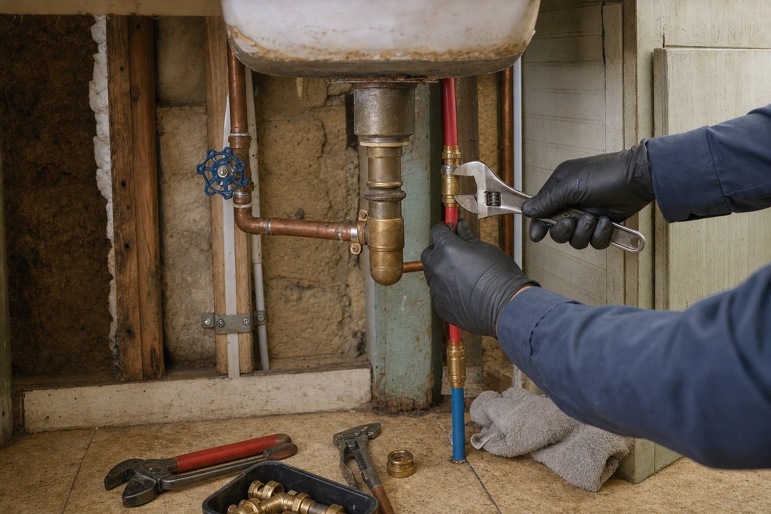 A plumber repairing copper and PEX piping beneath a sink.