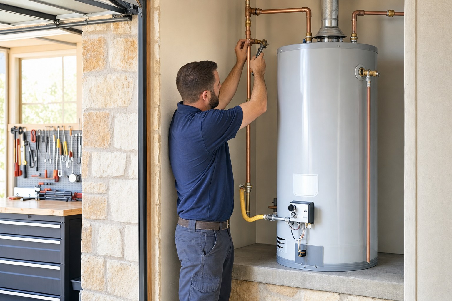 A plumber checking a residential water heater installation.