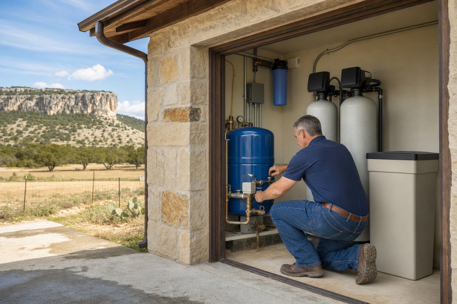 Pressure tank and water treatment equipment at a Hill Country well house.