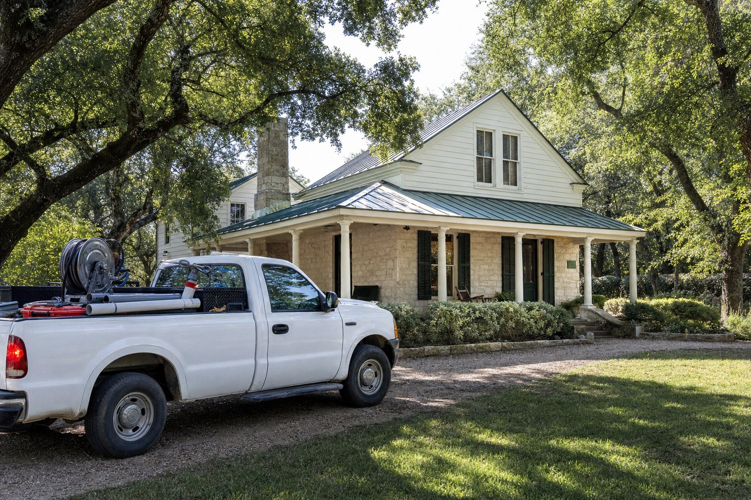 A plumbing truck outside a historic Fredericksburg home.