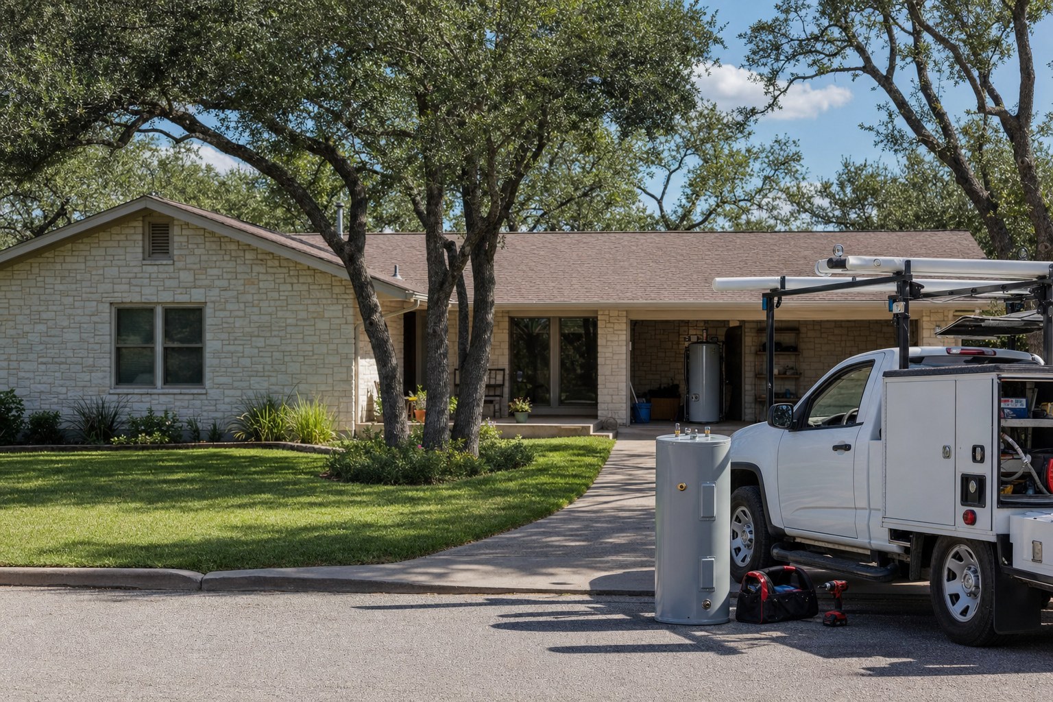 A plumbing truck at a Kerrville ranch home.