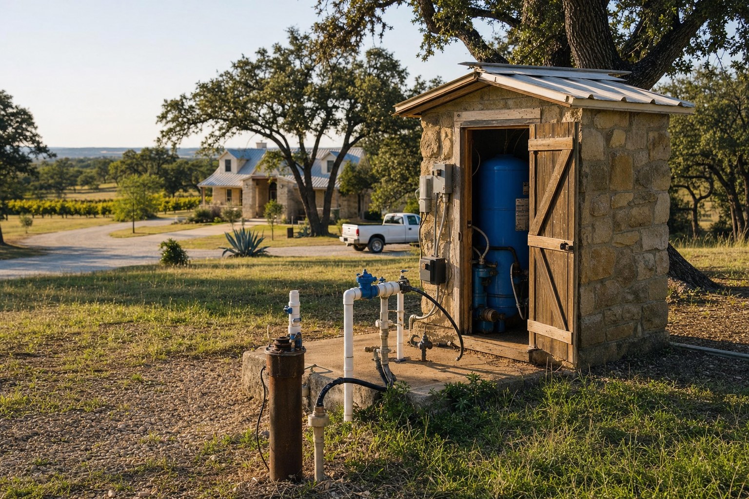 A Stonewall farmhouse well-house and pressure tank.